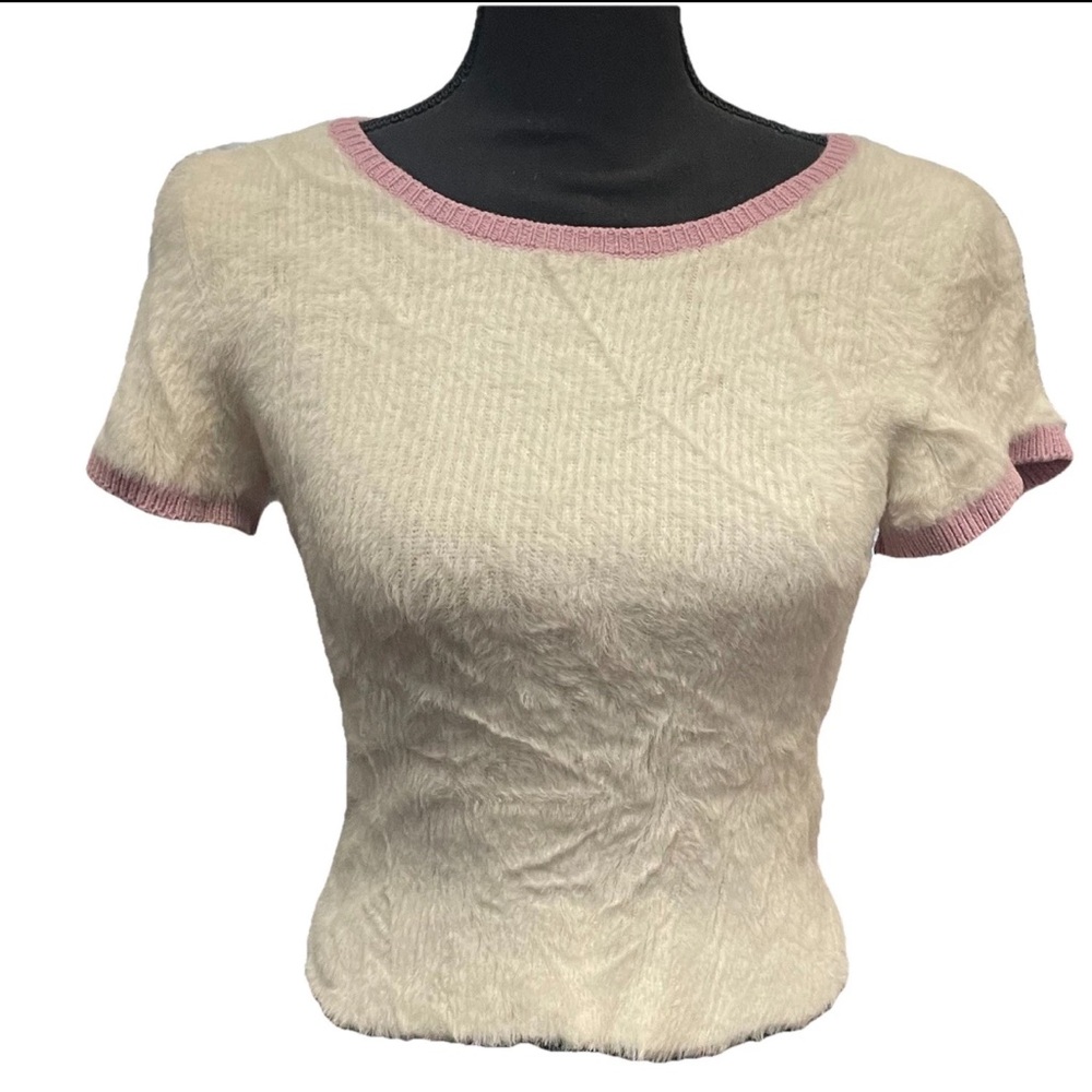 Intimately FREE PEOPLE Size MEDIUM Whole Lotta Fluff Sweater Ivory/Purple Trim